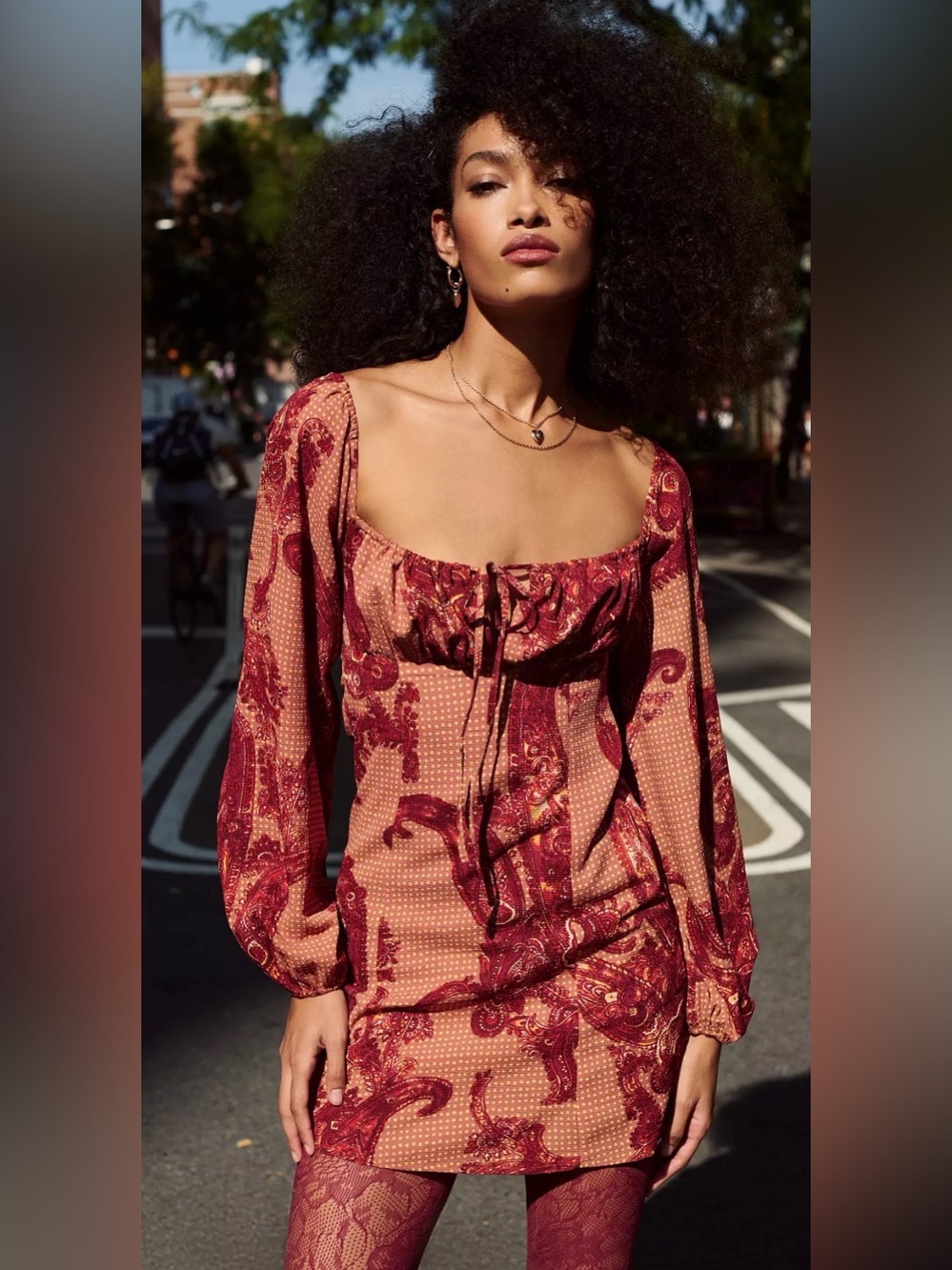 Urban Outfitters boho Rust Red Paisley Long Sleeve Tie-Front Mini Dress